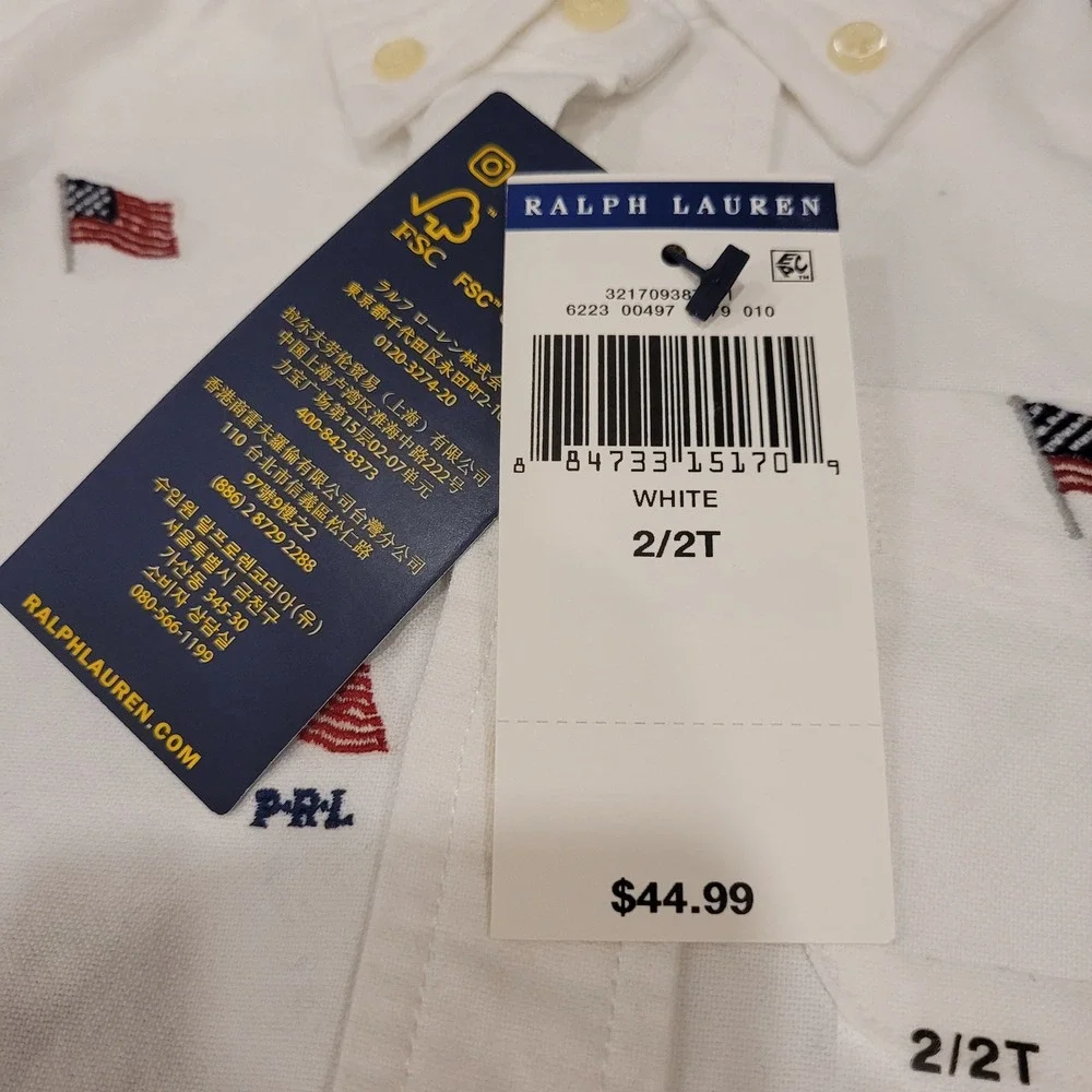 Ralph Lauren Toddler Boys White American Flag Embroidered Oxford Shirt 2T NEW